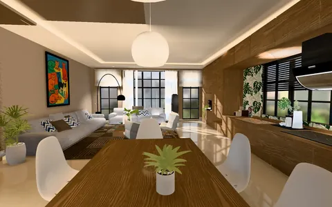 The furnished apartment's living room, dining table and kitchen in the TILO 3D view