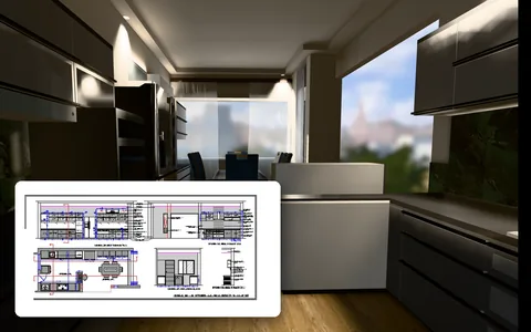 A kitchen's AutoCAD drawing, over the same kitchen built in 3D by TILO