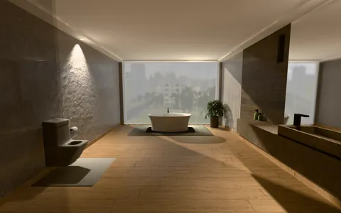 A modern bathroom with a freestanding bath and a glass wall, in baked light